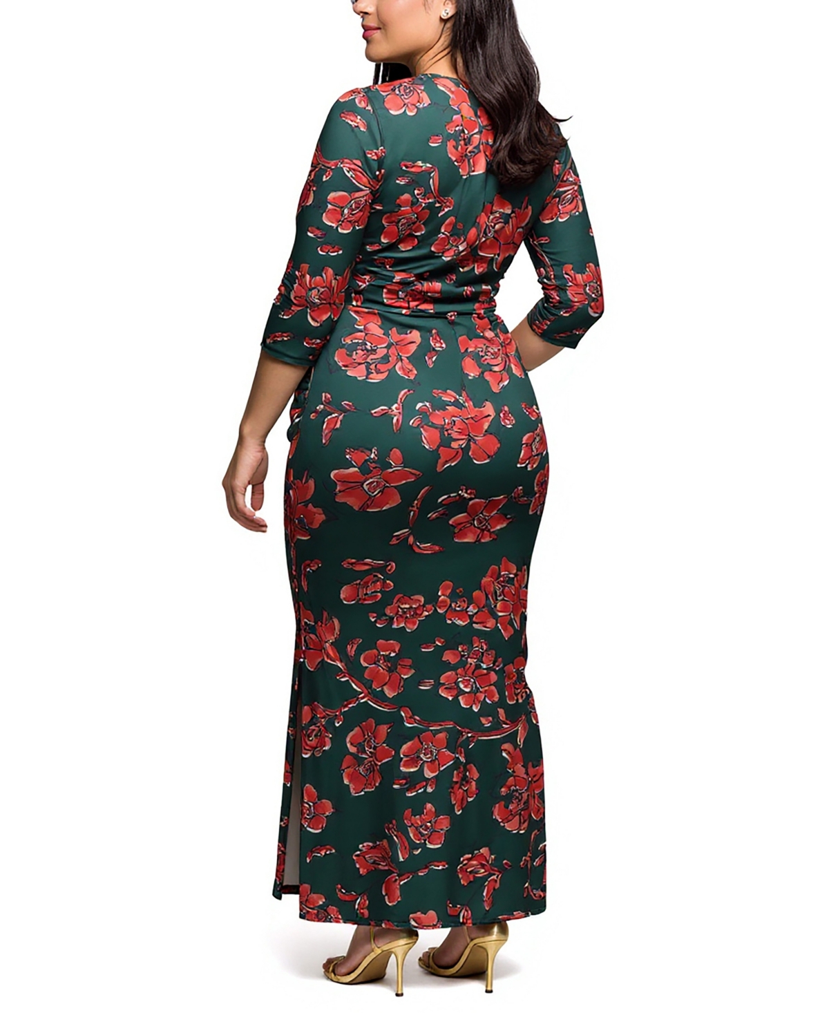 24seven Comfort Apparel Plus Size Floral Print Three Side Slit Maxi Dress In Multi