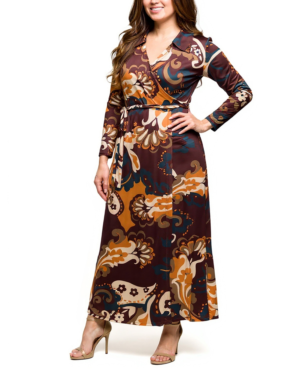24seven Comfort Apparel Plus Size Paisley Empire Waist Maxi Dress In Multi