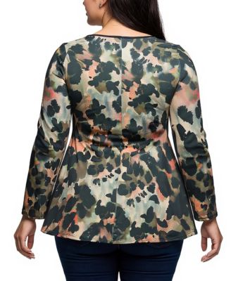 Plus Size Multiprint Long Sleeve Scoop Neck A Line Top