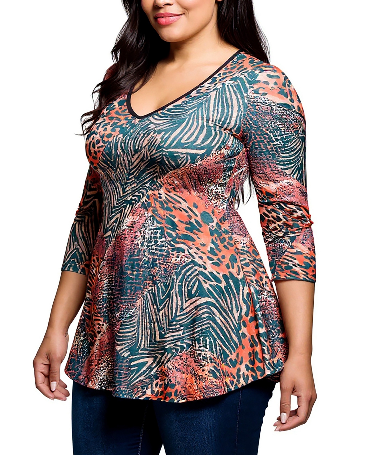 24seven Comfort Apparel Plus Size Animal Print V Neck Three Quarter Sleeve Tunic Top In Multi
