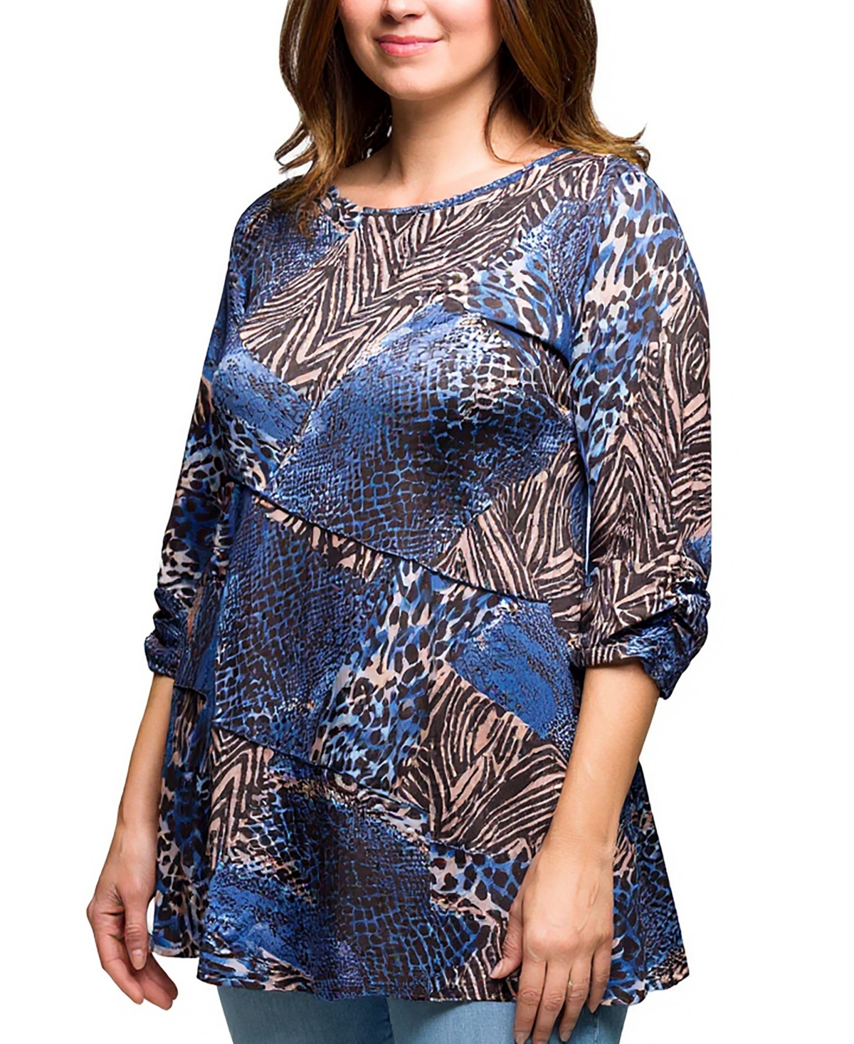 24seven Comfort Apparel Plus Size Three Quarter Sleeve Tunic Top In Multi