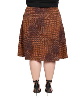 Plus Size Brown Geometric Print Midi Skirts