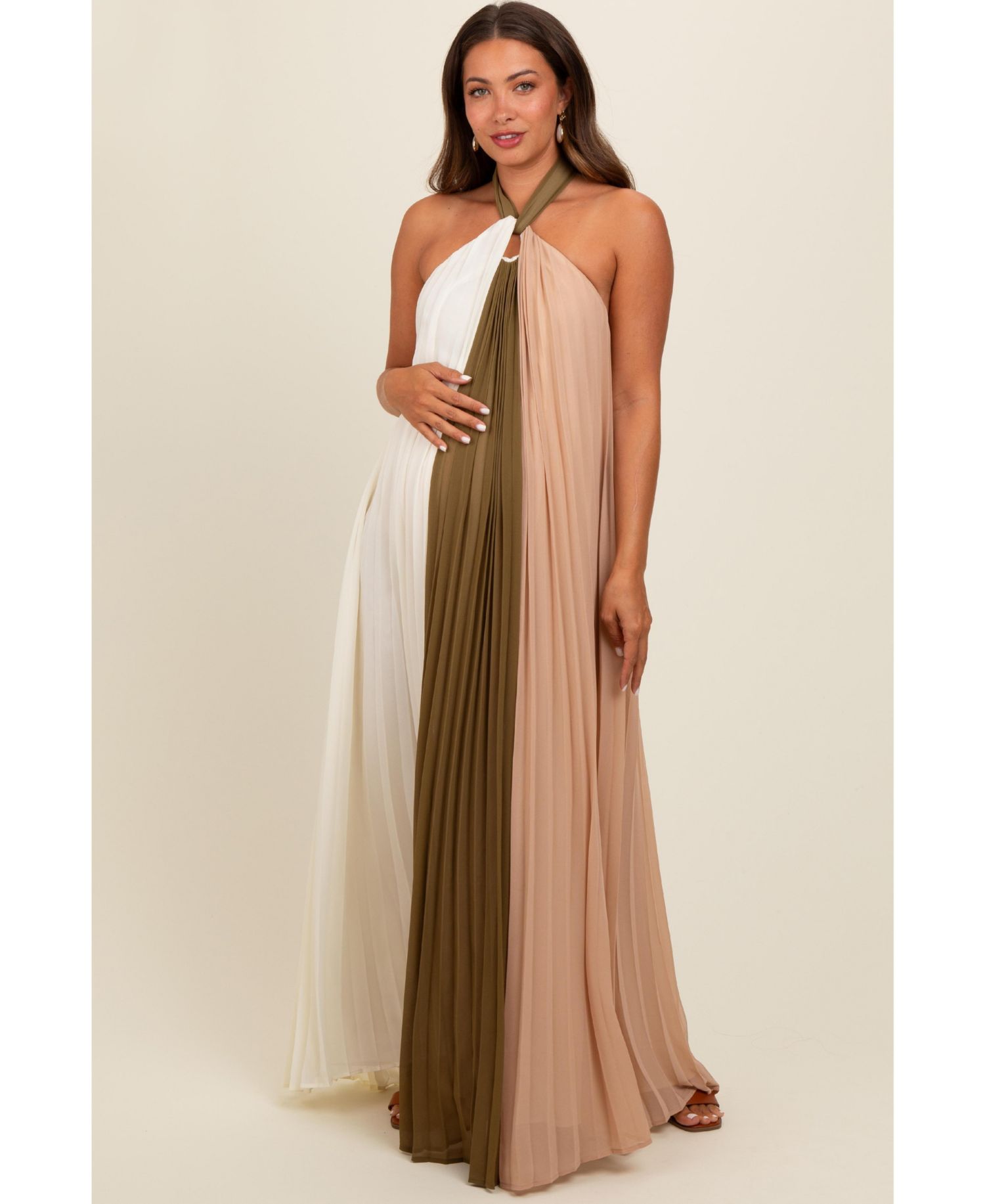 Women's Colorblock Pleated Halter Neck Maxi Dress
