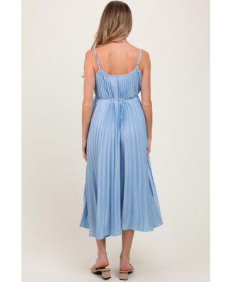 Maternity Light Blue Pleated Sash Tie Midi Dress