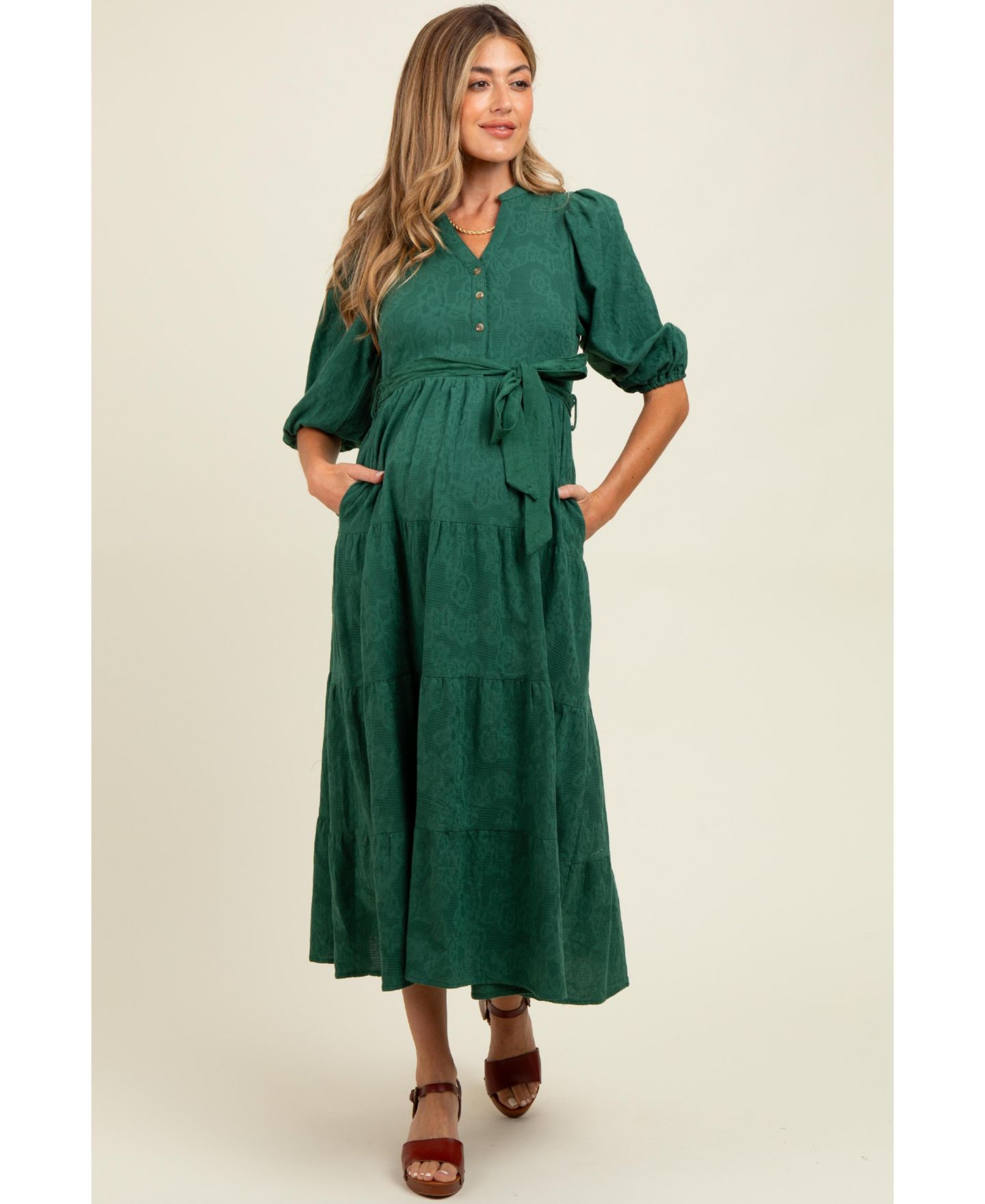 Женское платье Pinkblush Forest Green Floral Jacquard Button Front Tiered, цвет: Тёмно-зелёный — фото 1