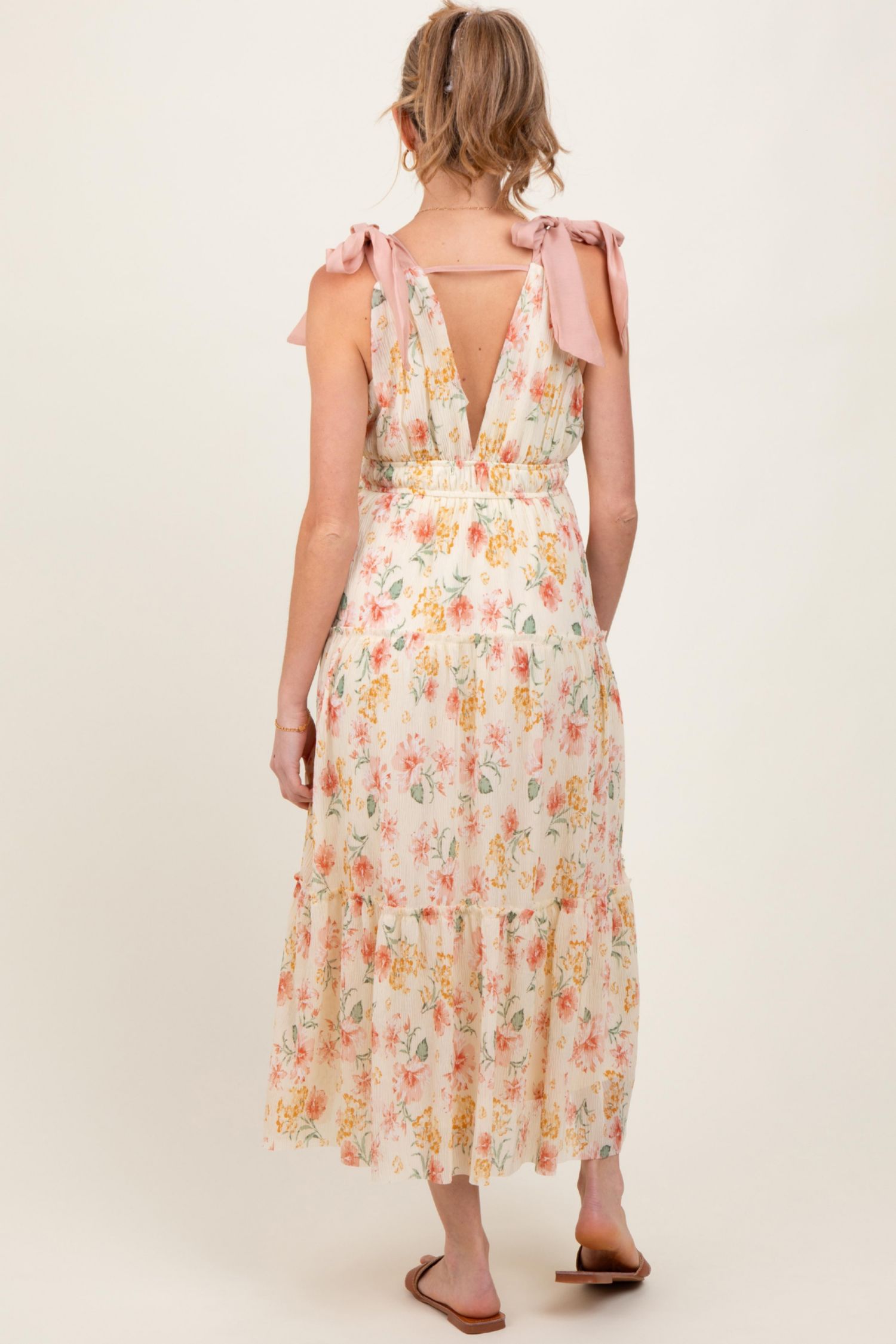 Women's Cream Floral Shoulder Tie Deep V-Neck Tiered Maxi Dress