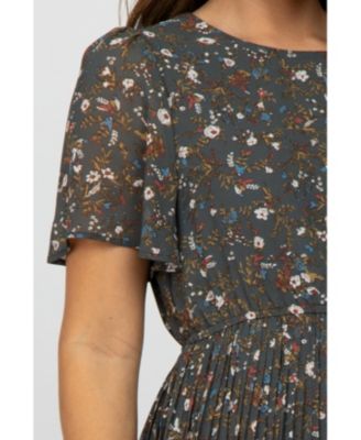 Maternity Black Floral Pleated Short Sleeve Chiffon Midi Dress