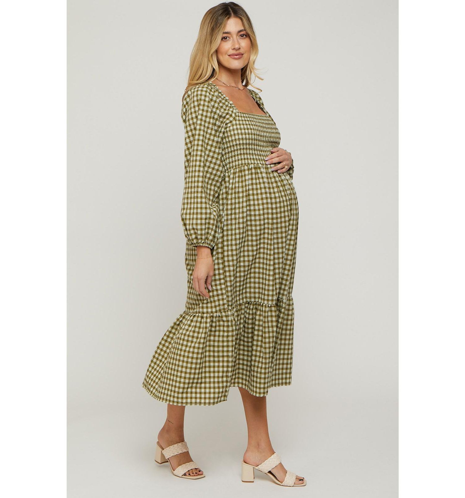 Women's Olive Gingham Long Sleeve Midi Dress