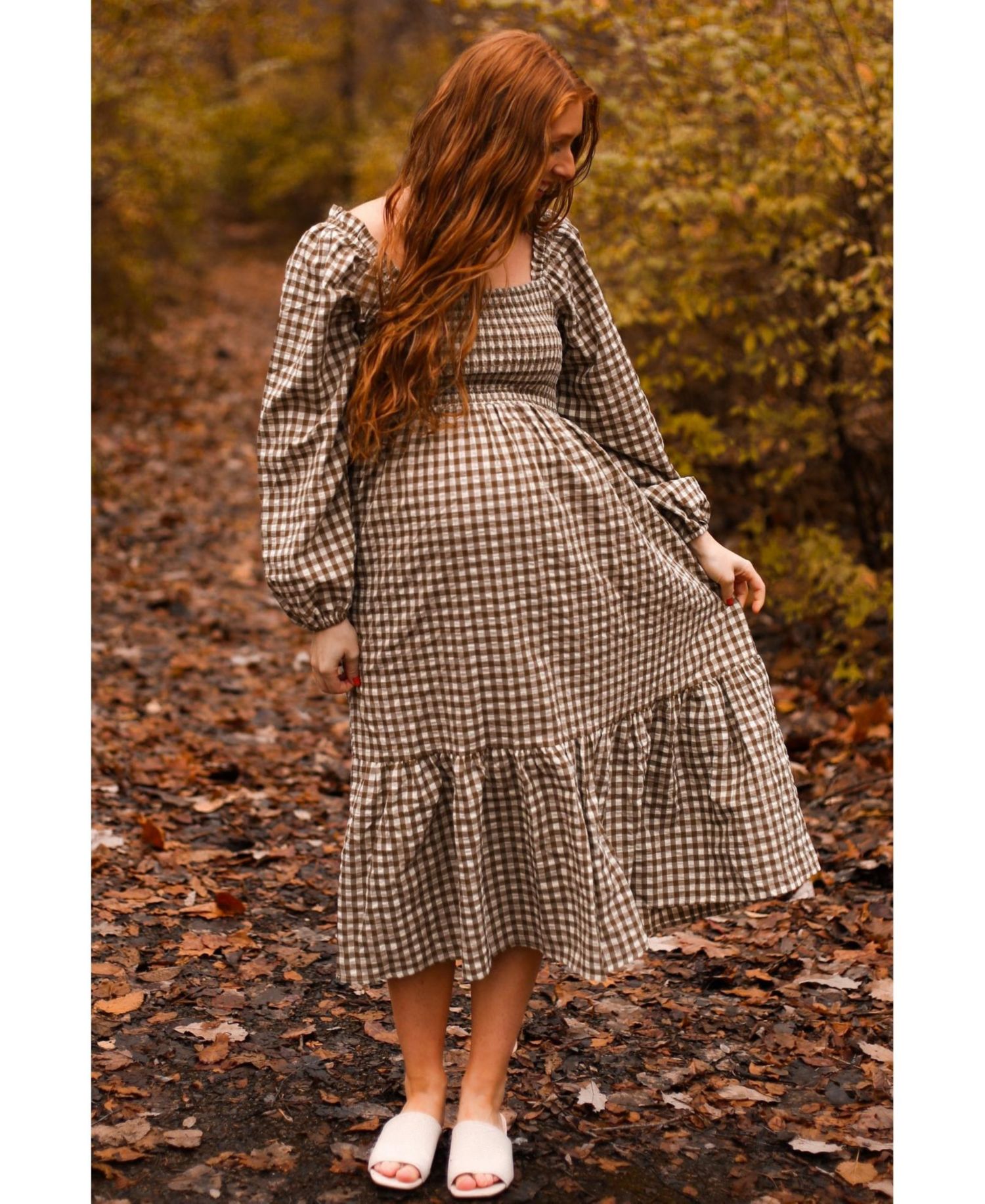 Women's Olive Gingham Long Sleeve Midi Dress