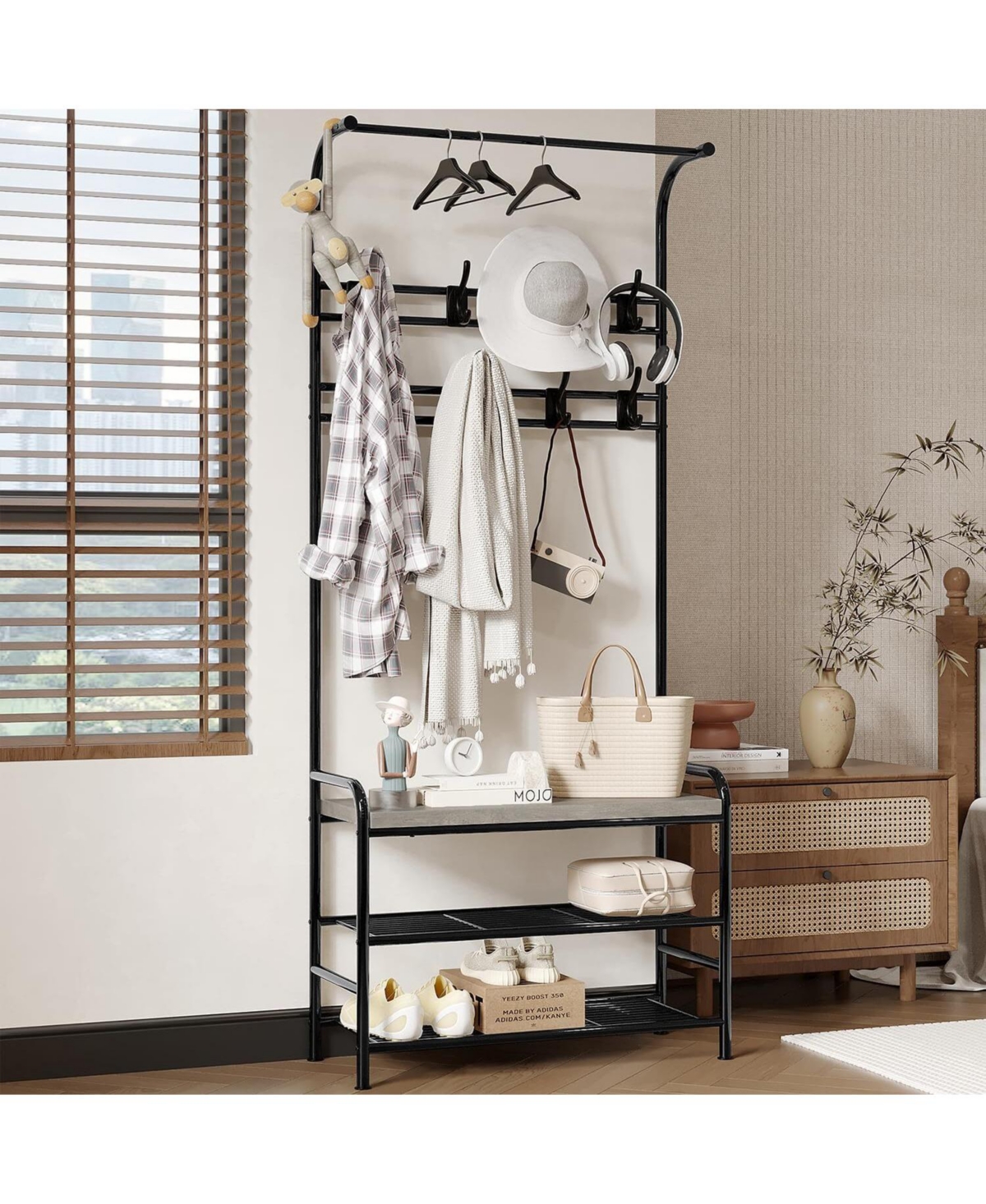 Hall Tree Shoe Bench, 4-in-1 Industrial Entryway Storage Bench with 8 Sturdy Hooks, Freestanding Coat Rack for Small Spaces, Apartments