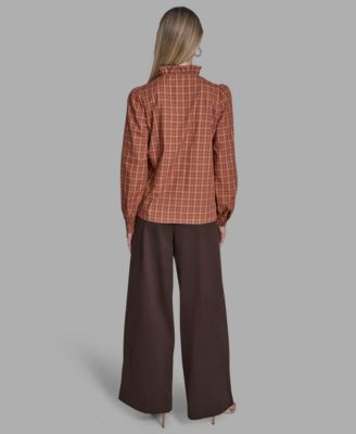 Women's Plaid Button Placket V-Neck Top