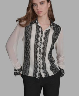 BCBG - Women's Long Sleeve Contrast Lace Top