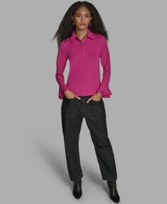 Women's Long Sleeve Ruffle-Cuff Collared Top