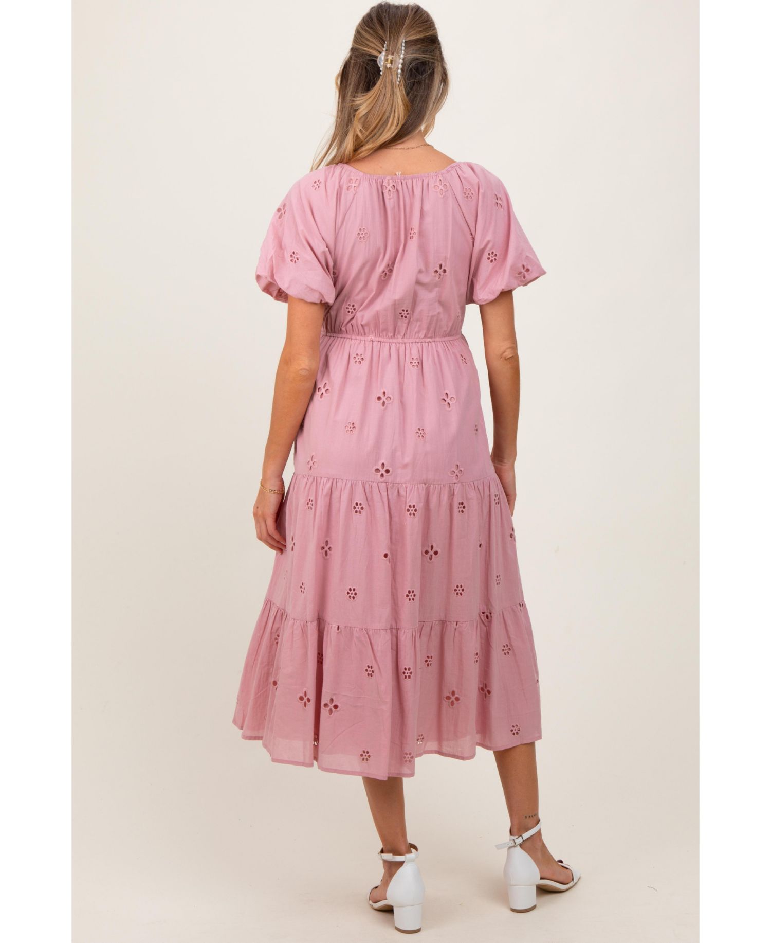 Women's Pink Eyelet Square Neck Midi Dress