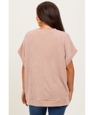 Maternity Olive Solid Ribbed Short Sleeve Oversized Tunic Top