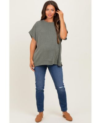Maternity Olive Solid Ribbed Short Sleeve Oversized Tunic Top