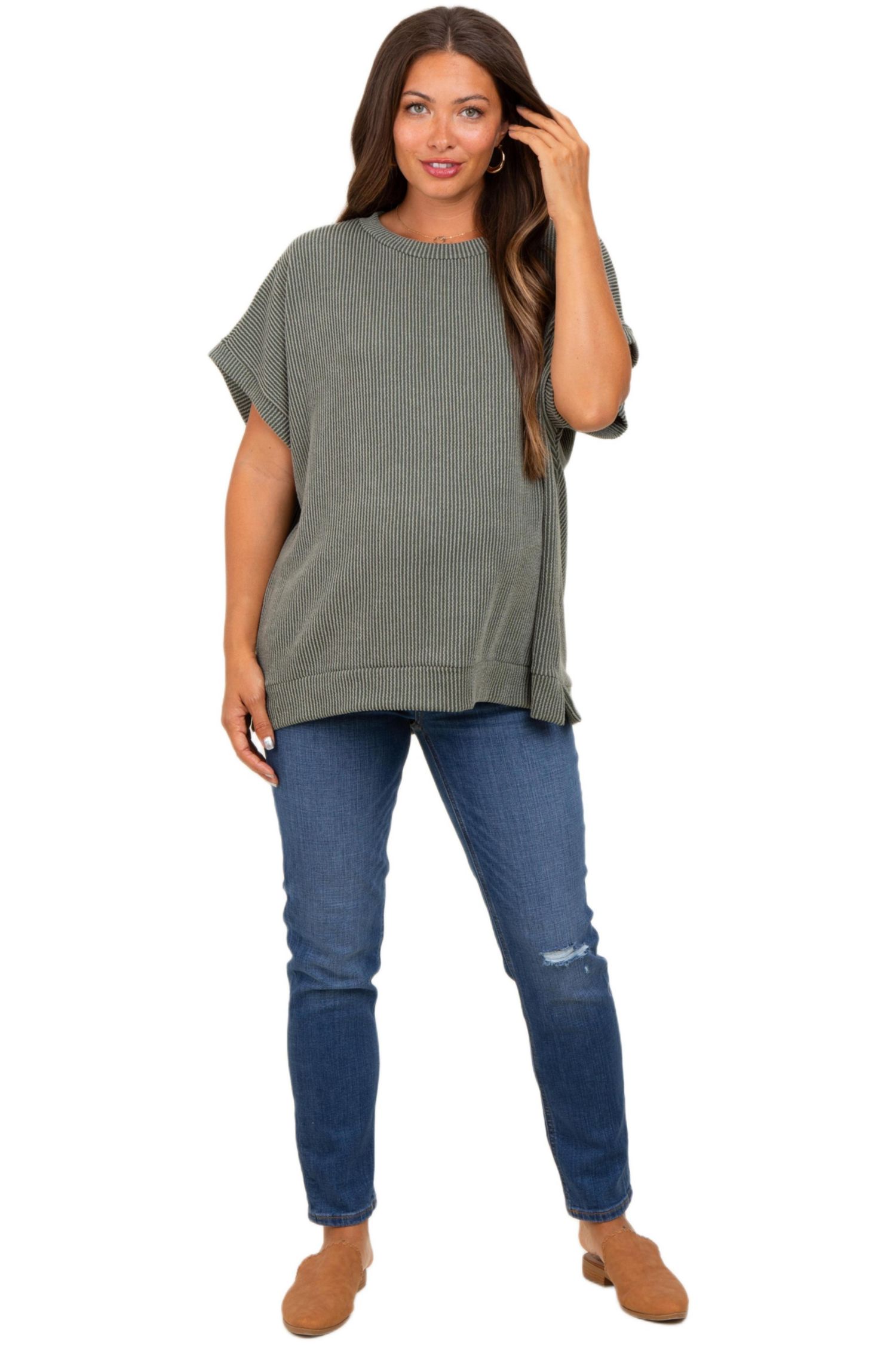 Women's Mocha Solid Ribbed Short Sleeve Oversized Tunic Top