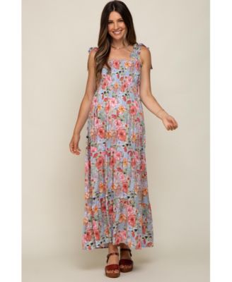 Maternity Light Blue Floral Smocked Shoulder Tie Tiered Maxi Dress