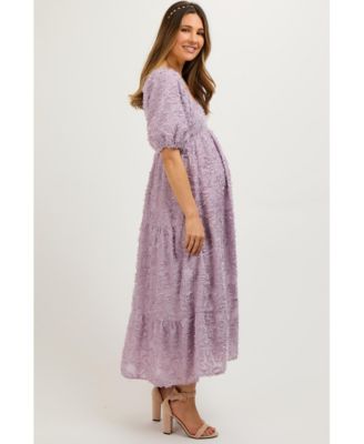 Maternity Lavender Fringe Textured Short Puff Sleeve Midi Dress