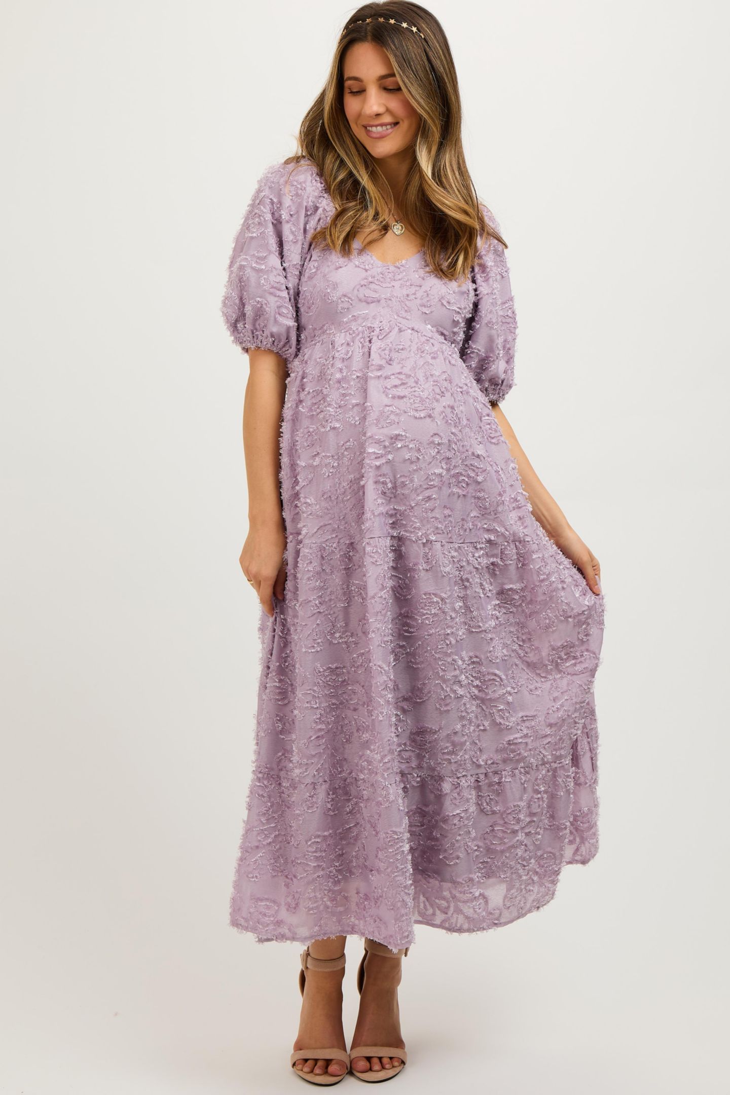 Женское платье Pinkblush Lavender Fringe Textured Short Puff Sleeve Midi, цвет: Лавандовый — фото 6