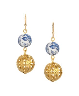 Gold Tone Blue Willow Bead Drop Earrings