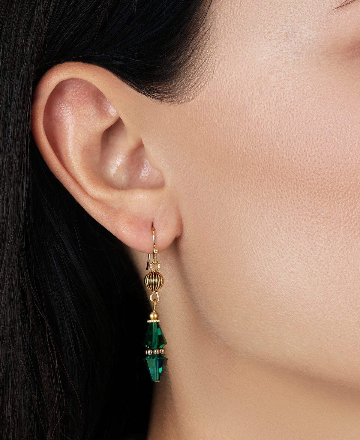 2028 Gold Tone Bead Drop Wire Earrings In Green