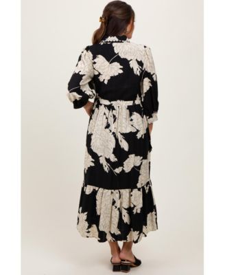 Maternity Black Floral Print Cinched Tie Waist Shirt Dress