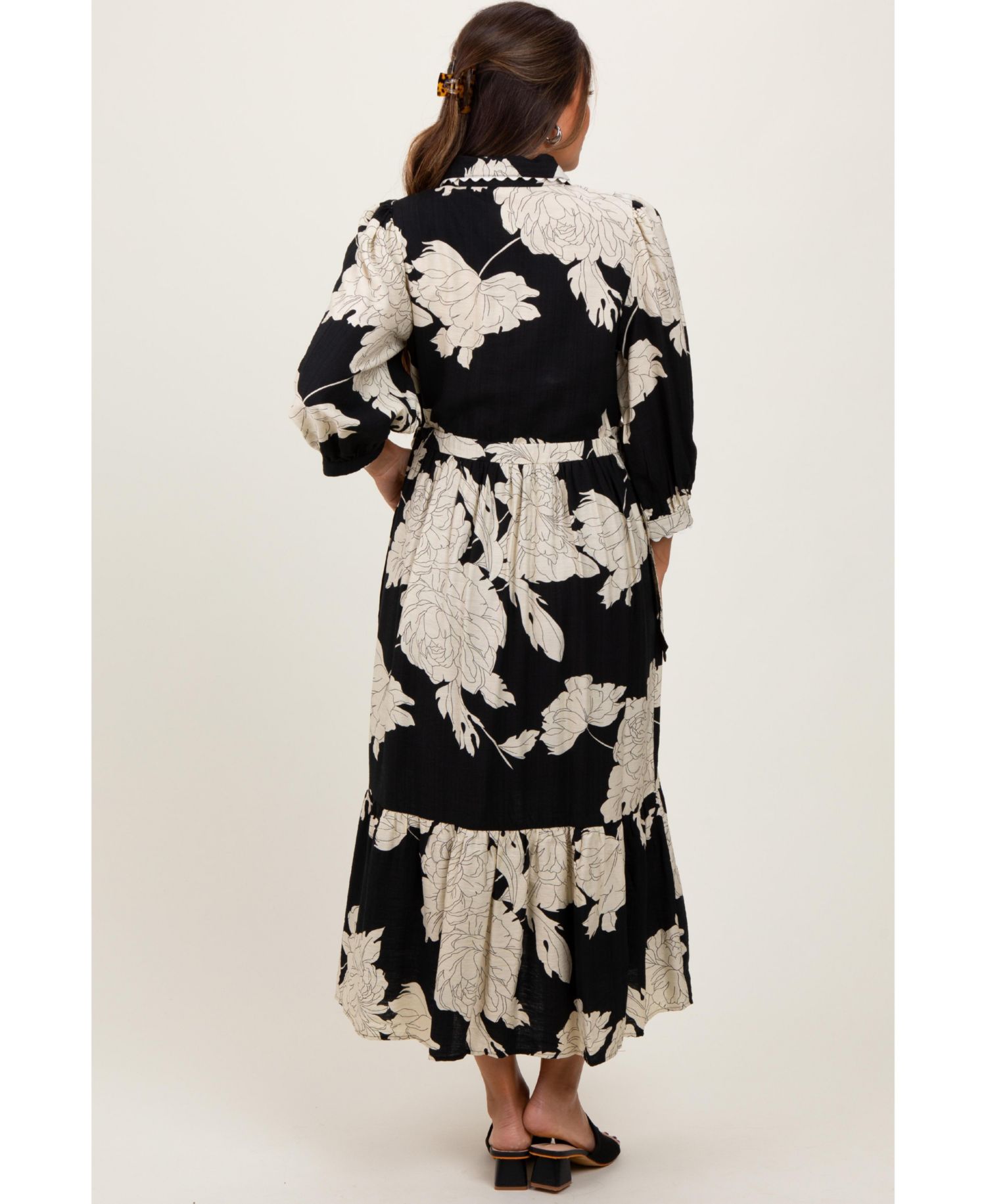 Women's Black Floral Print Cinched Tie Waist Shirt Dress