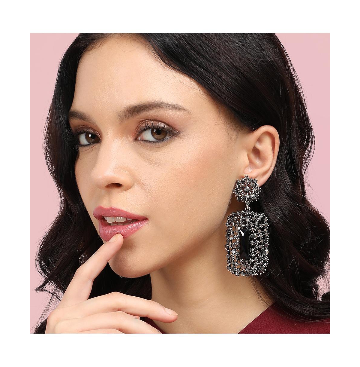 Sohi Stone Intricate Cluster Geometric Drop Earrings In Black