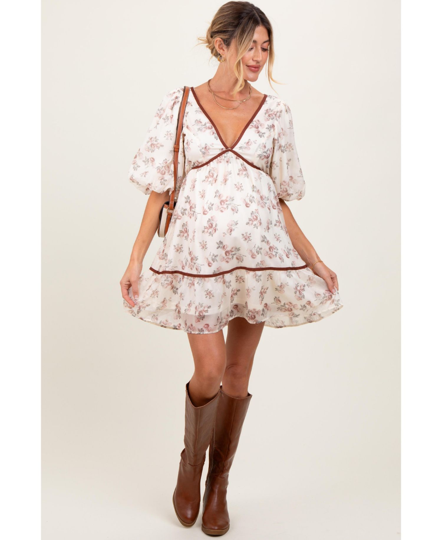 Women's Cream Floral Deep V-Neck Back Cutout Dress