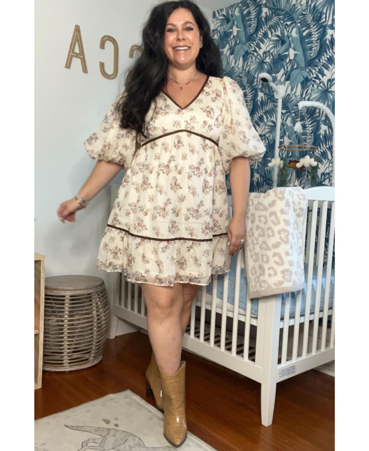 Women's Cream Floral Deep V-Neck Back Cutout Dress