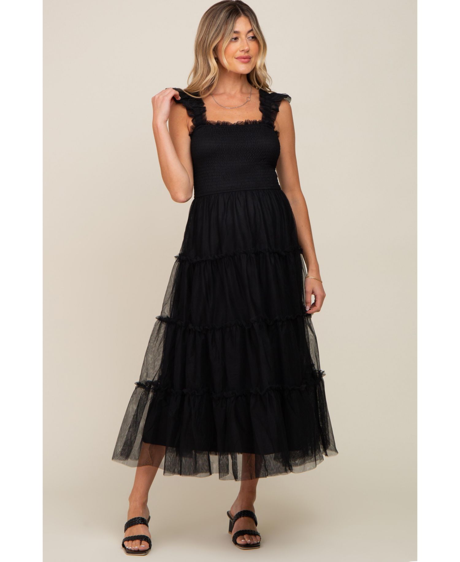 Women's Jade Smocked Mesh Ruffle Accent Midi Dress