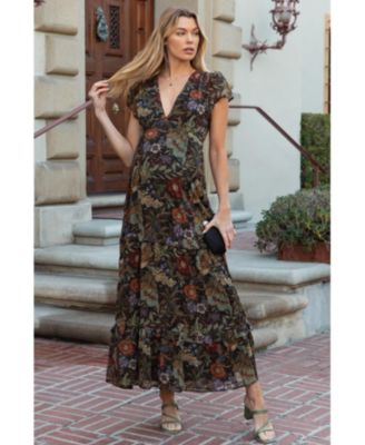 Maternity Black Floral Deep V-Neck Tiered Maxi Dress