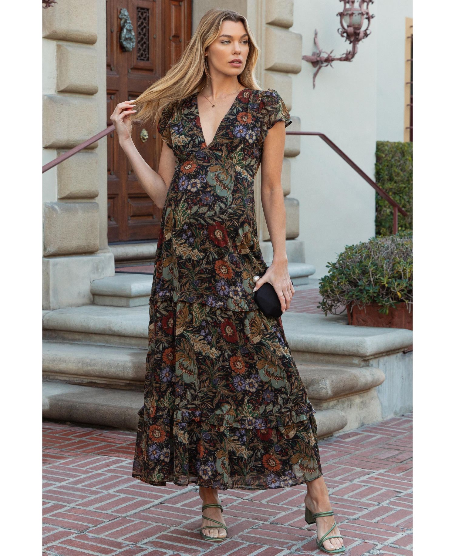 Women's Black Floral Deep V-Neck Tiered Maxi Dress