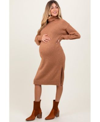 Maternity Burgundy Turtleneck Side Slit Midi Sweater Dress