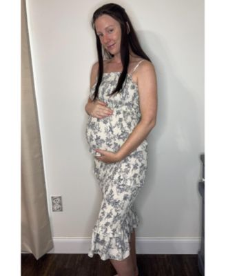 Maternity Cream Floral Smocked Fitted Midi Dress