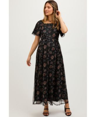 Maternity Black Floral Waist Tie Midi Dress