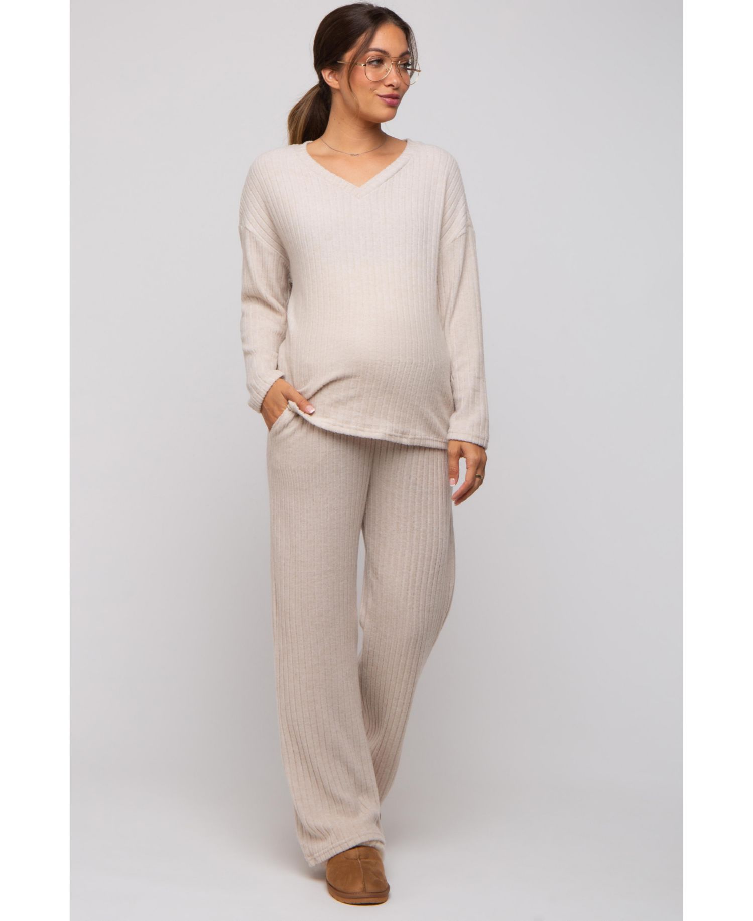 Women's Light Blue Ribbed Soft Knit Long Sleeve Pajama Set