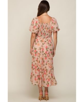 Maternity Pink Floral Button Puff Sleeve Midi Dress