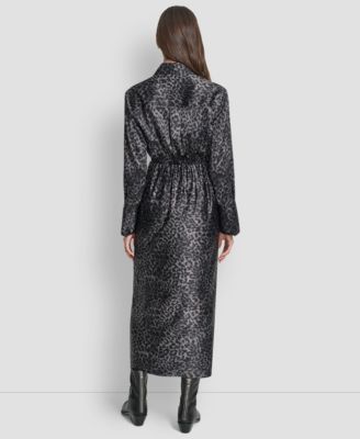 Women's Print Long Sleeve Satin Tie Dress