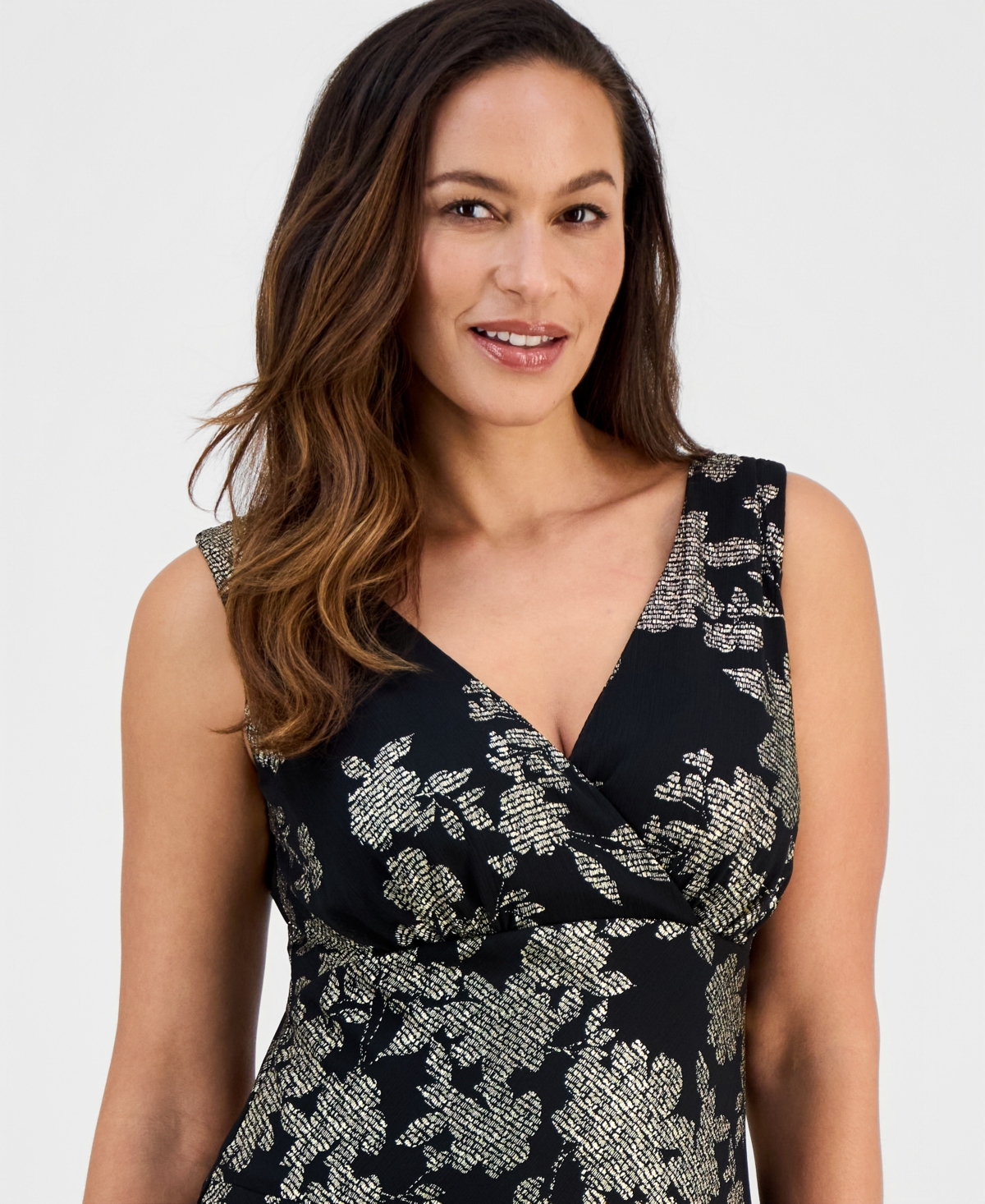 Connected Petite Metallic Floral Print Asymmetric Midi Dress