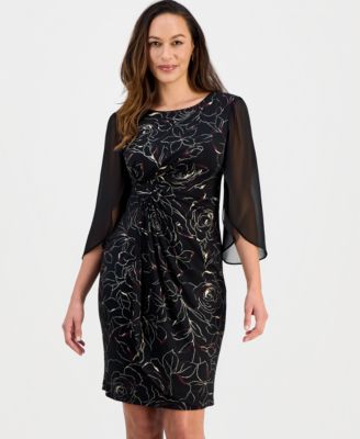 Petite Sheer-Sleeve Printed Sheath Dress