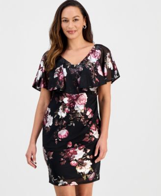 Petite Floral Print Capelet Sheath Dress