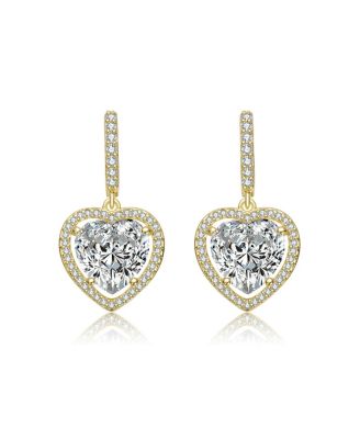 14K Gold Plating with Clear Cubic Zirconia Heart Drop Hoop Earrings