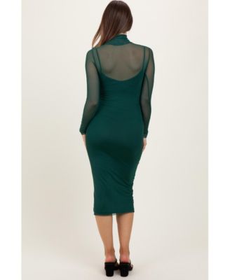 Maternity Forest Green Mesh Overlay Fitted Midi Dress