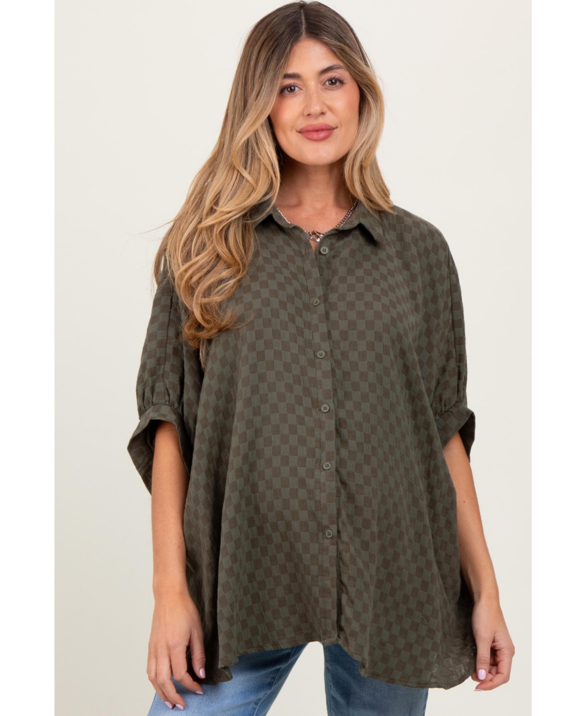 Pinkblush Maternity Olive Checker Print Short Sleeve Oversized Blouse