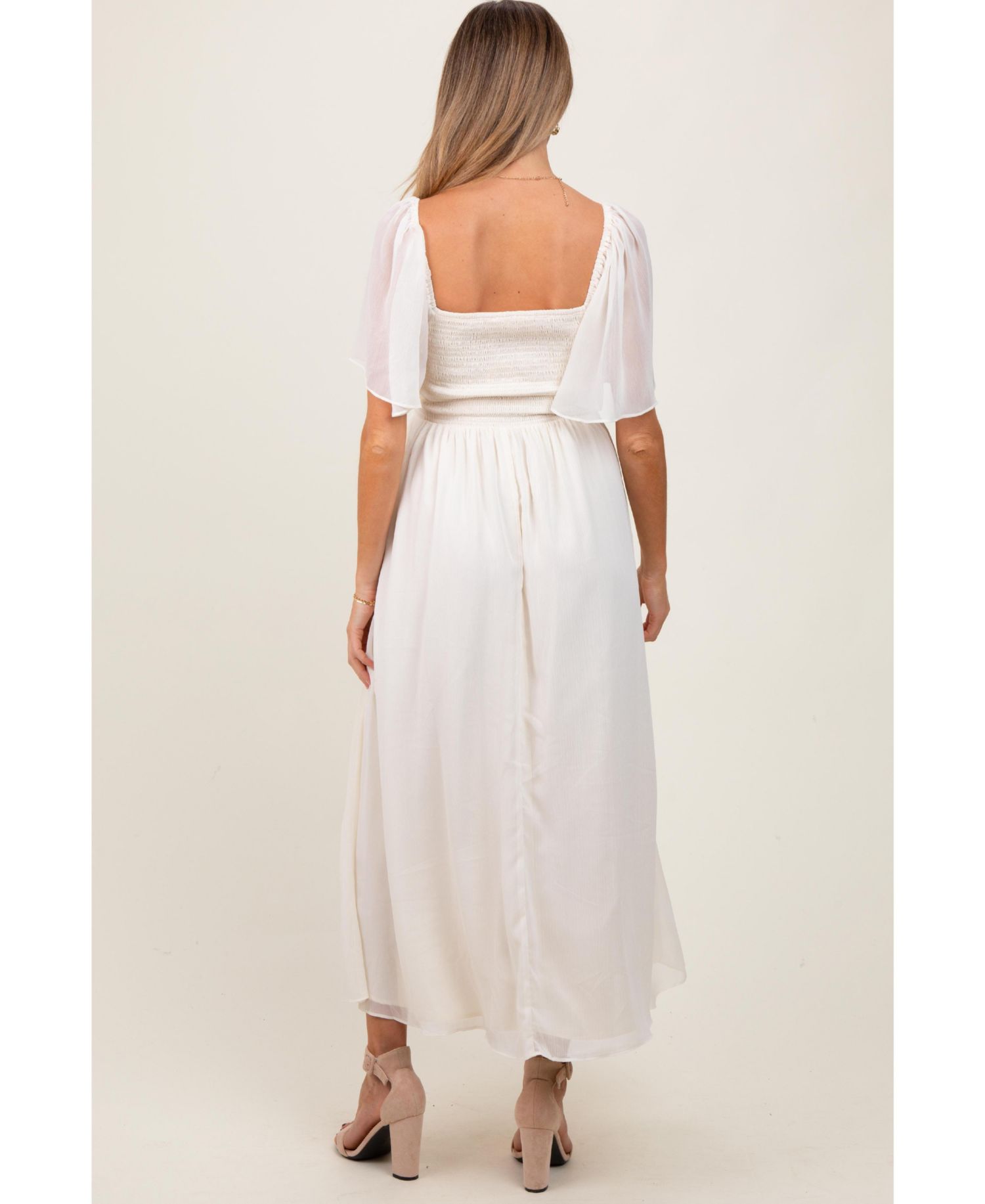 Women's Cream Floral Applique Flutter Sleeved Midi Dress
