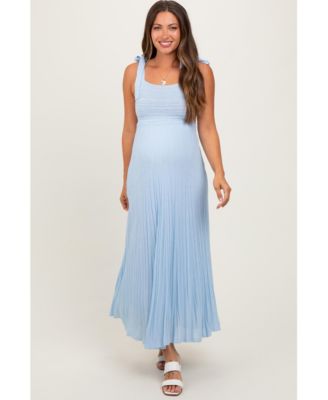  Light Blue Textured Knit Shoulder Tie Maternity Midi Dress