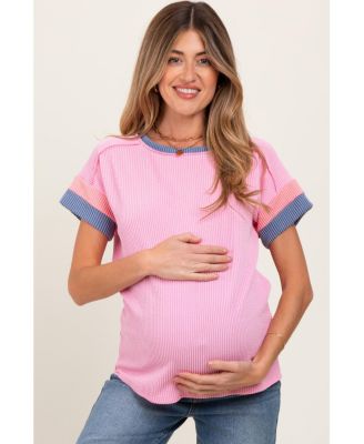 Maternity Pink Ribbed Colorblock Detail Short Sleeve Top