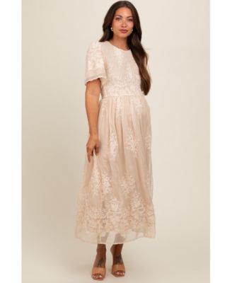 Cream Embroidered Smocked Maternity Midi Dress